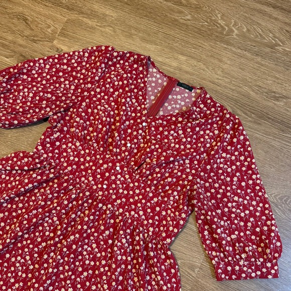 SHEIN Dresses & Skirts - Shein Floral Midi Dress Womens 2XL Red Puff Sleeve V Neck Casual